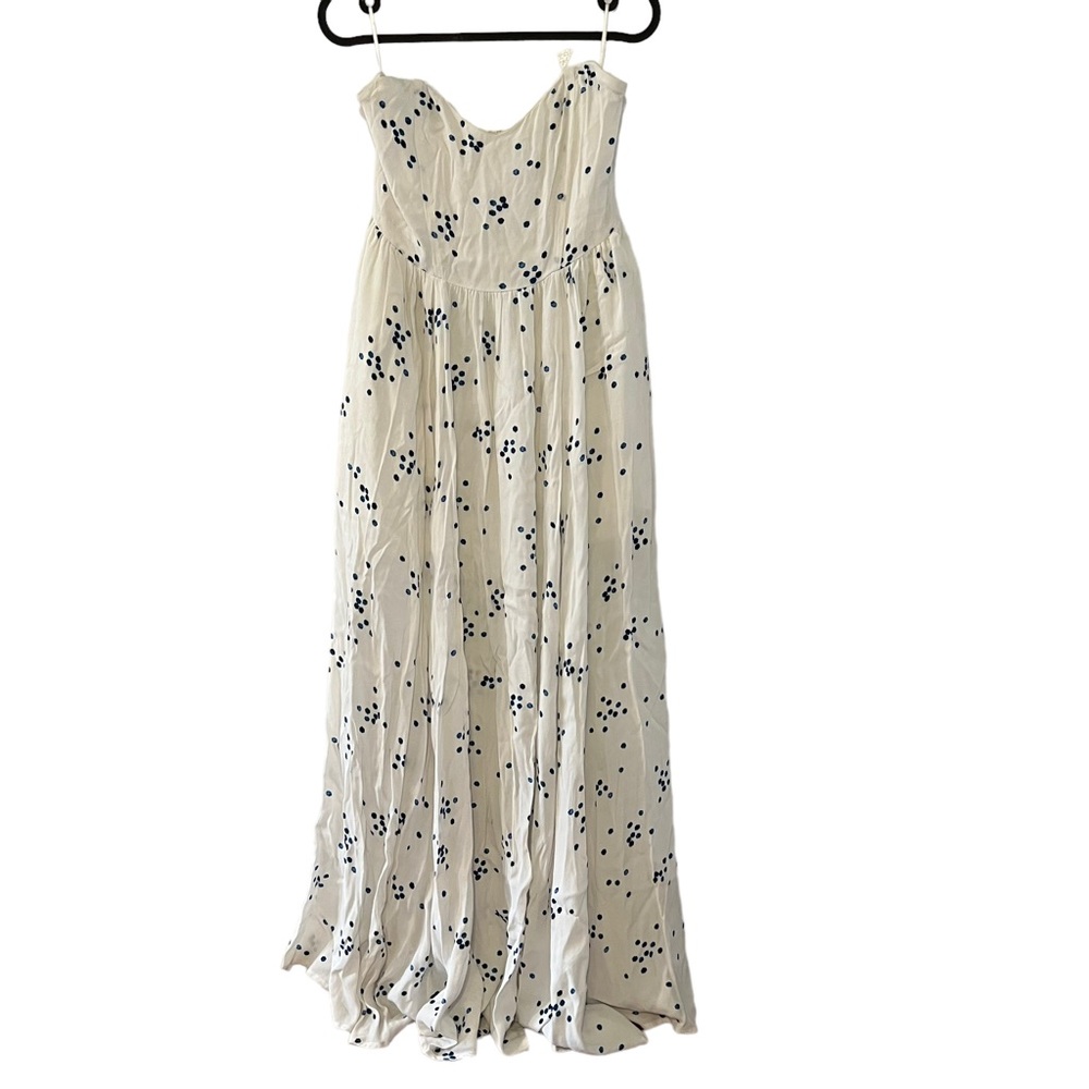 Oliviaceous strapless white full length dress with blue spot pattern sz M
